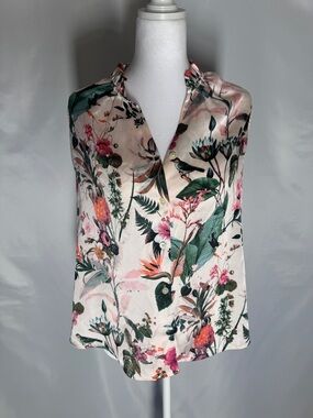 Banana Republic Floral Satin Blouse Sleeveless Ruffle Neck Tropical Print Top M